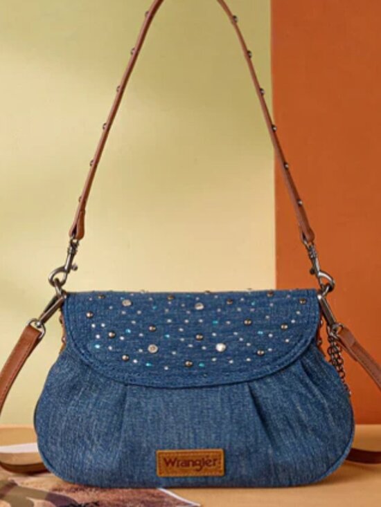 Wrangler Handbags - Wrangler Western Rhinestone Denim Flap Crossbody Shoulder Bag